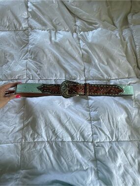 Mint and Brown Tooled Leather Western Belt with Ornate Buckle